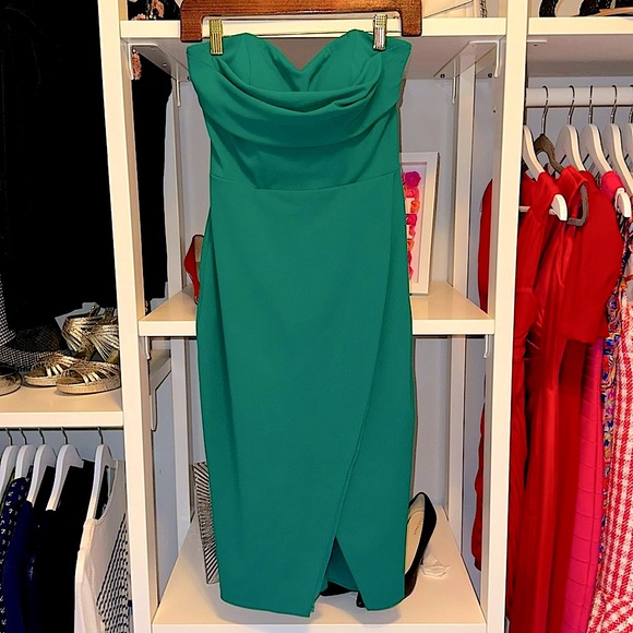 Aqua Teal Draped Strapless Elegant Cocktail Dress - Picture 3 of 3